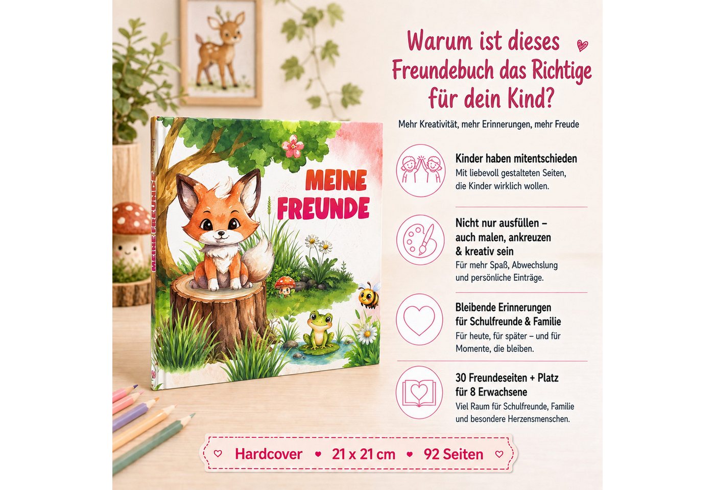 TOBJA Poesiealbum Freundebuch Grundschule Waldtiere 21x21 cm - 30 Freunde, 8 Erwachsene, Waldtier-Motiv, 92 Seiten, 30 Doppelseiten, FSC®-Papier
