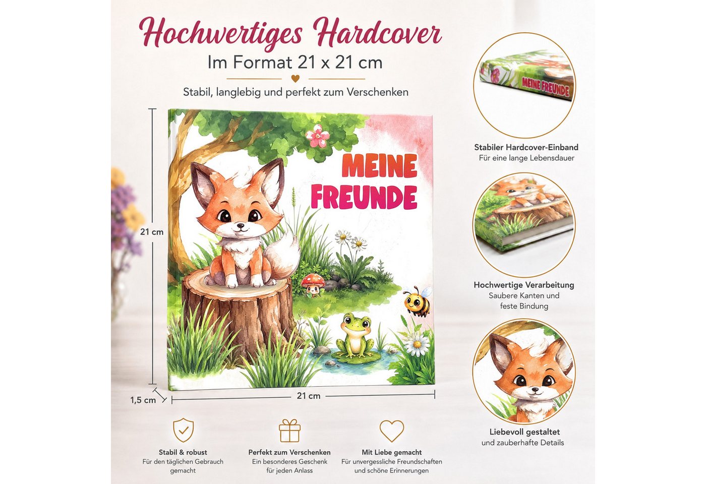 TOBJA Poesiealbum Freundebuch Grundschule Waldtiere 21x21 cm - 30 Freunde, 8 Erwachsene, Waldtier-Motiv, 92 Seiten, 30 Doppelseiten, FSC®-Papier Bild 3