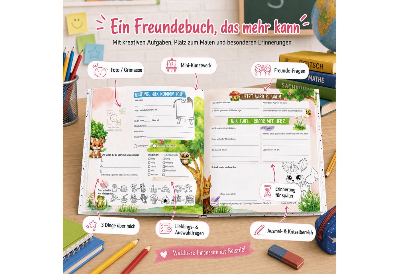 TOBJA Poesiealbum Freundebuch Grundschule Waldtiere 21x21 cm - 30 Freunde, 8 Erwachsene, Waldtier-Motiv, 92 Seiten, 30 Doppelseiten, FSC®-Papier Bild 4