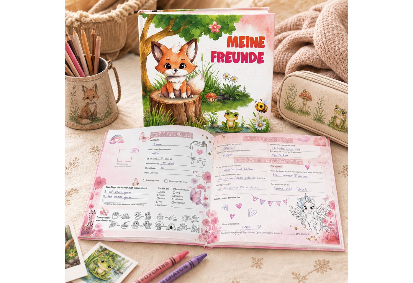 TOBJA Poesiealbum Freundebuch Grundschule Waldtiere 21x21 cm - 30 Freunde, 8 Erwachsene, Waldtier-Motiv, 92 Seiten, 30 Doppelseiten, FSC®-Papier Bild 5