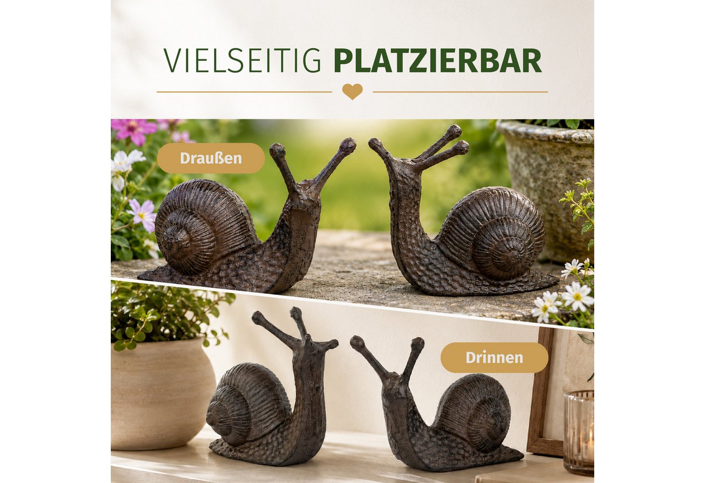 Moritz Gartenfigur Schnecken 2er Set Gusseisen B 17 cm braun Antik Optik Paar liegend Bild 3