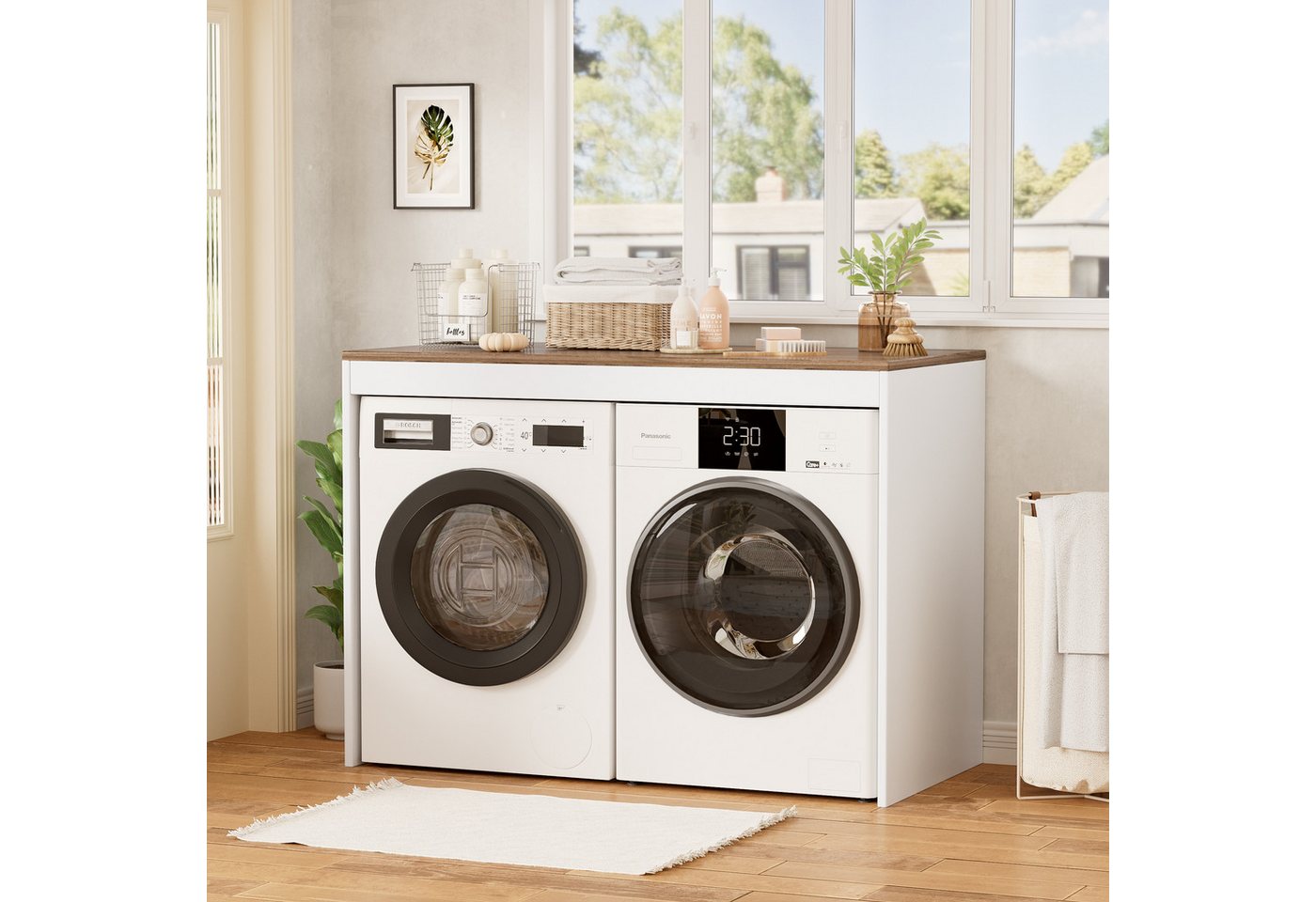 PEALOV Waschmaschinenumbauschrank mit Arbeitsplatte – Überbauschrank für Waschmaschine und Trockner (1-St) Weiß mit Walnussholz-Optik, 128 × 60 × 97 cm Bild 4