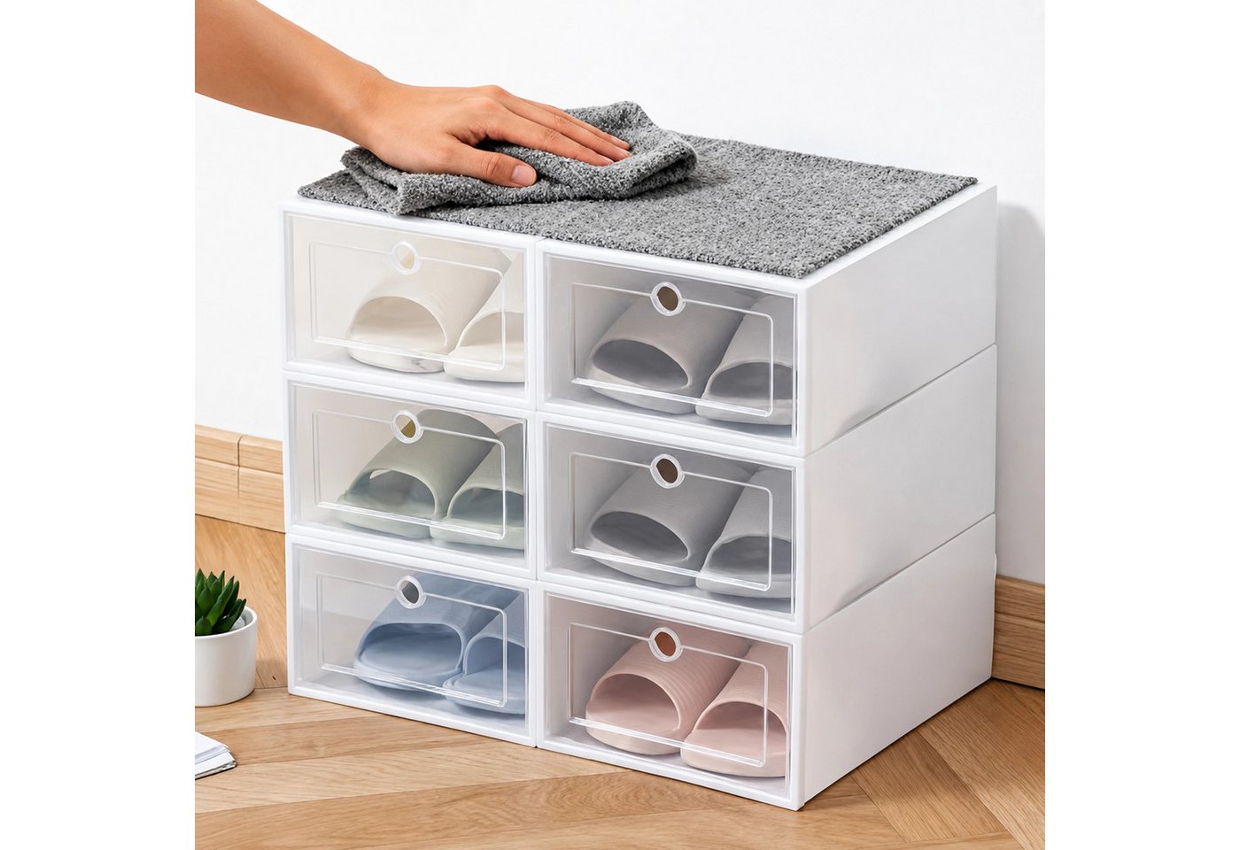 Realb2b Schuhregal Schuhbox Organizer 12er-Set mit Klappe, stapelbar, 33 × 24 × 12 cm, Schuhbox Organizer 12er-Set mit Klappe und Kunststoffausführung 24-tlg., 12er-Set, verschließbare Klappe, platzsparend, Kunststoff