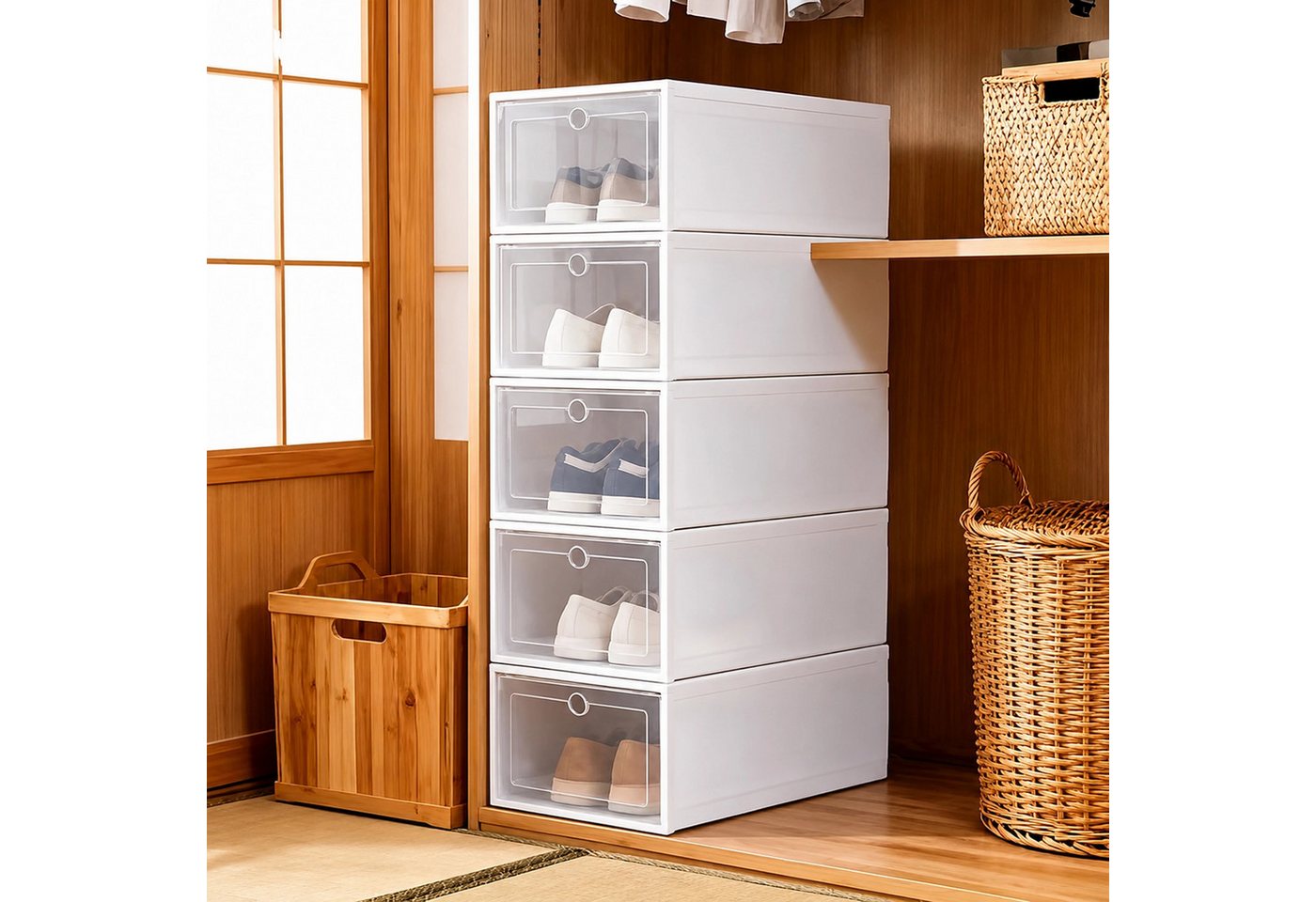 Realb2b Schuhregal Schuhbox Organizer 12er-Set mit Klappe, stapelbar, 33 × 24 × 12 cm, Schuhbox Organizer 12er-Set mit Klappe und Kunststoffausführung 24-tlg., 12er-Set, verschließbare Klappe, platzsparend, Kunststoff Bild 3