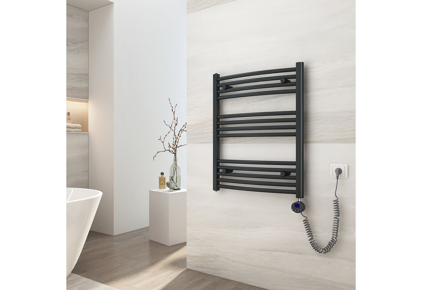 EMKE Elektrischer Badheizkörper Anthrazit 75x50cm 300W, mit Thermostat LCD Display Timing Funktion gebogene Form Bild 3