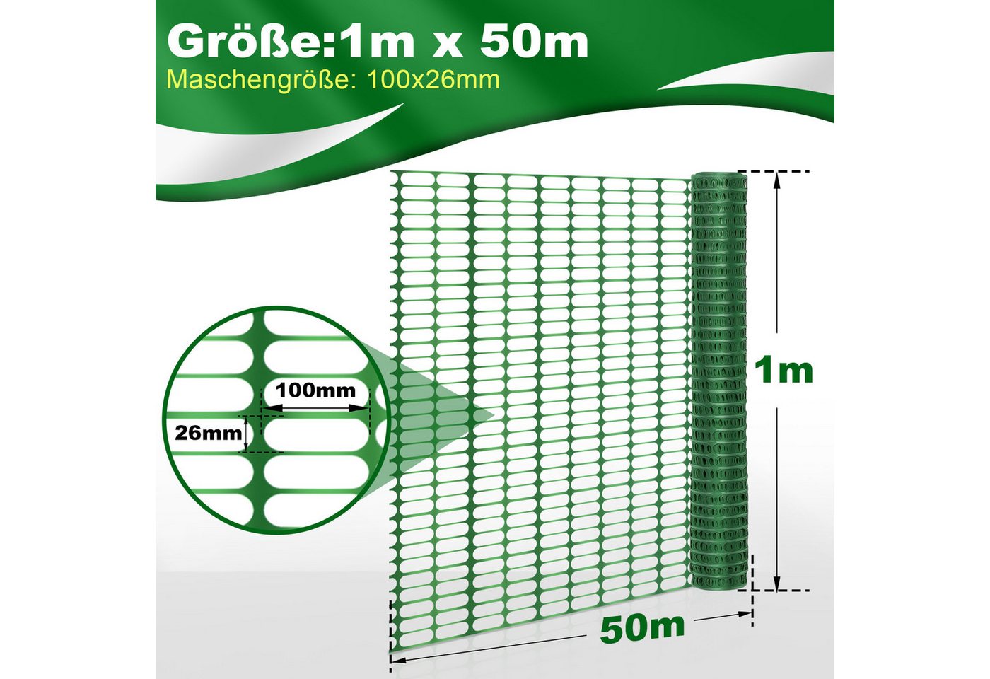 Clanmacy Hühnerzaun Absperrzaun Bauzaun Warnzaun Schutznetz aus PE Kunststoff Weidezaun, (1x50m (HxL), 100x26mm Masche, 80g), witterungsbeständig, UV-Schutz, verrottungsfest Bild 2
