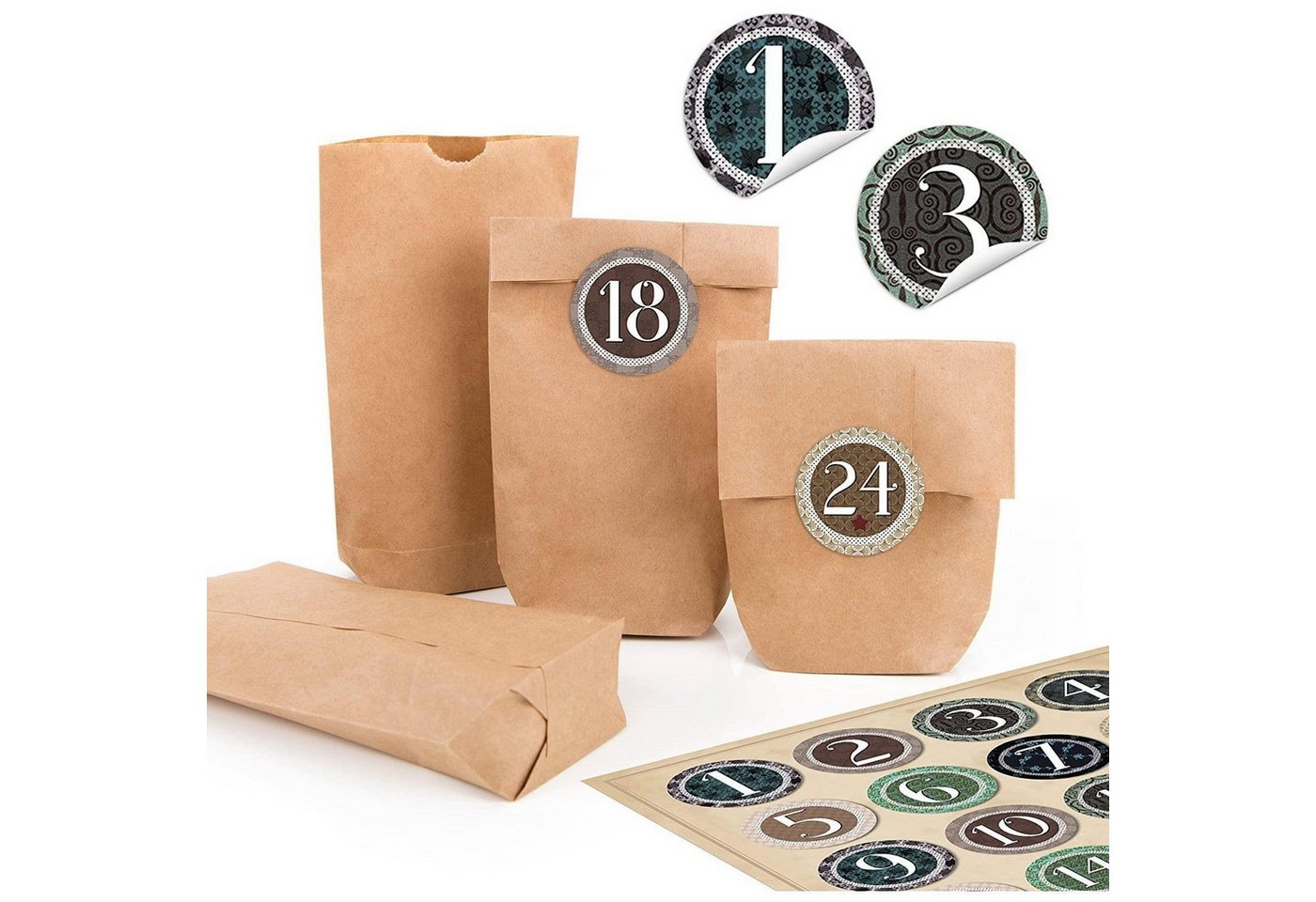 Logbuch-Verlag Aufkleber Kraftpapiertüten mit Boden 9 x 15 x 3,5 cm mit runden Weihnachts