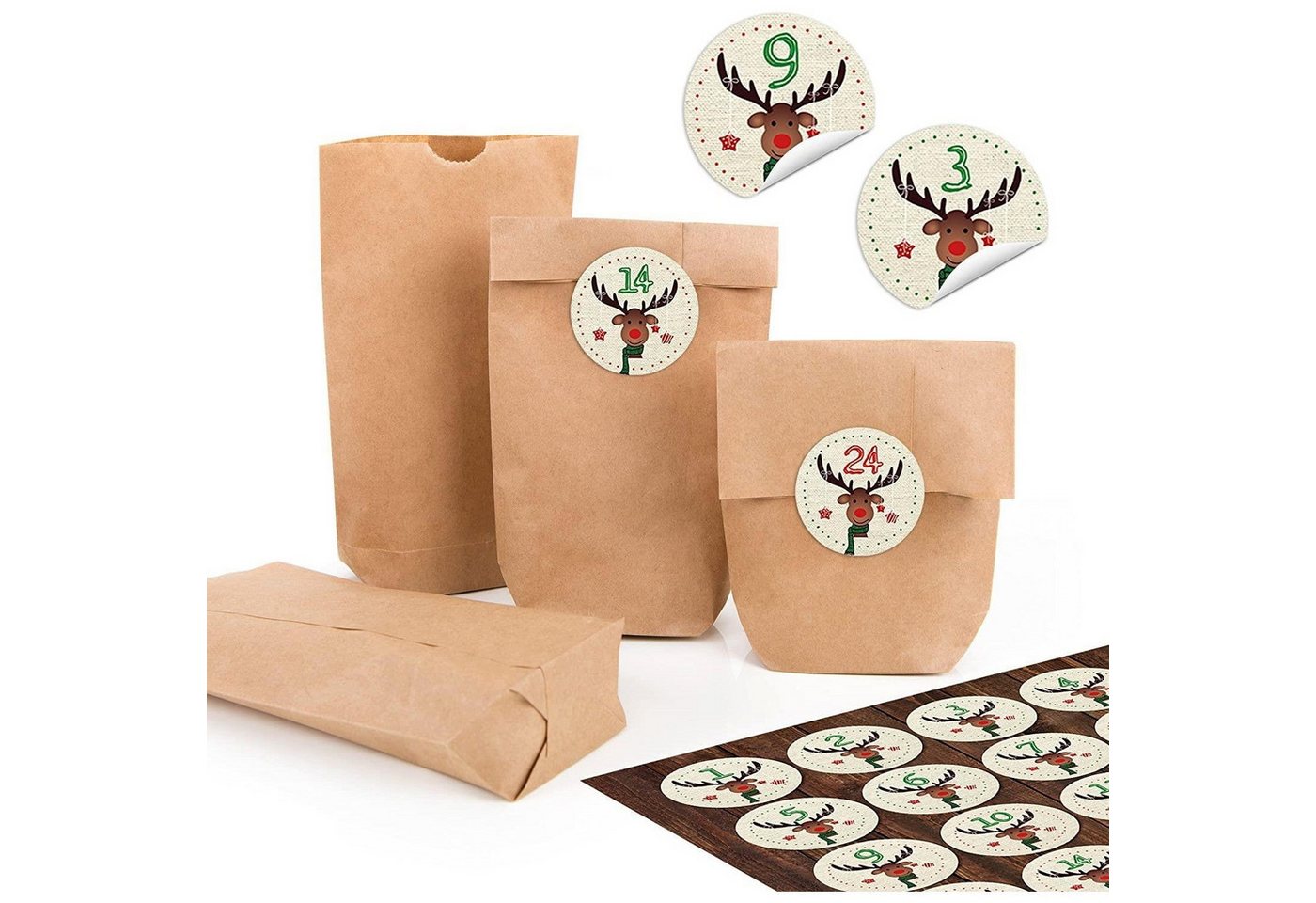 Logbuch-Verlag Aufkleber Kraftpapiertüten mit Boden 9 x 15 x 3,5 cm mit runden Weihnachts Bild 5