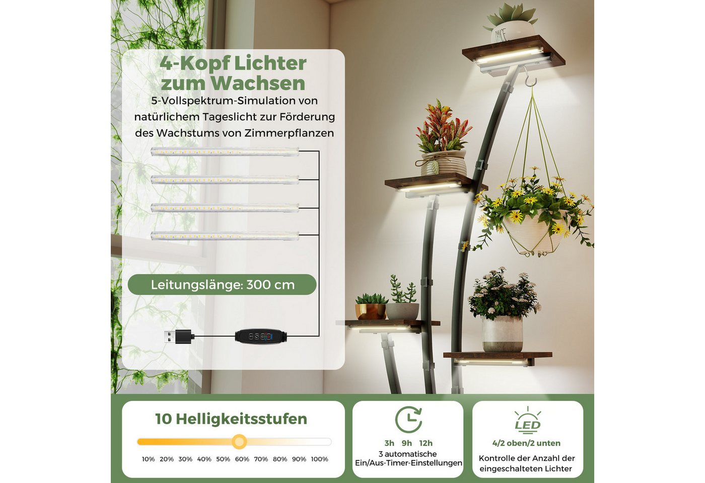 COSTWAY Blumenständer (1 St), Pflanzenständer mit Wachstumslichtern Metall 156 cm