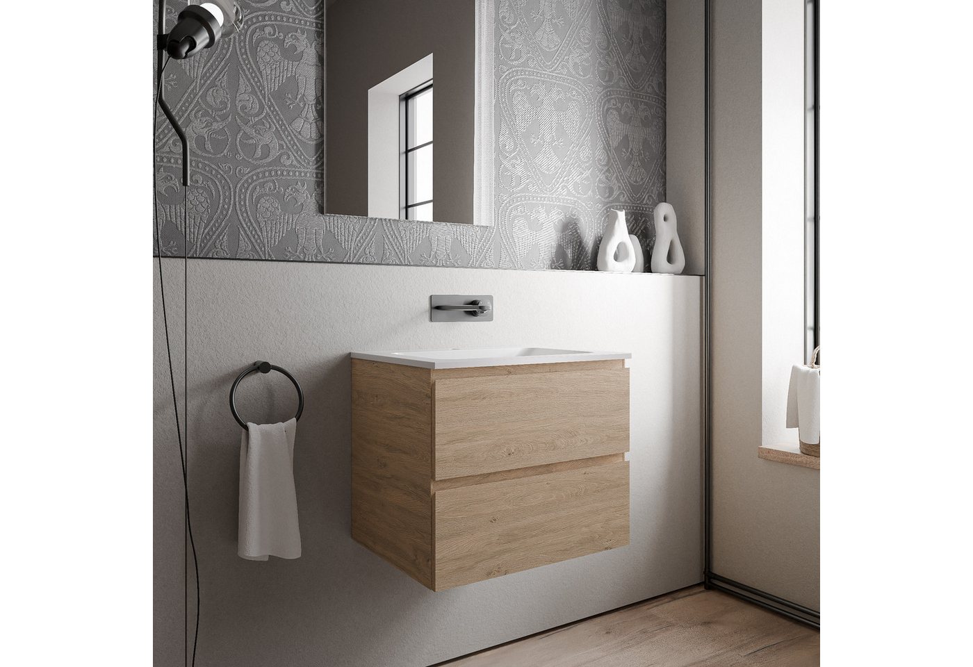 Bernstein Waschbeckenunterschrank AVA Eiche honiggold 60cm Waschbecken Weiß matt ohne Hahnloch Waschtischunterschrank mit Mineralguss-Waschbecken 2 Schubladen Bild 3