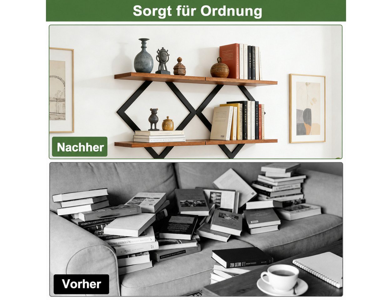 LEMLIT Küchenregal 2er-Set Wandregal, Industrial Hängeregal mit Metallrahmen, 2er Set 2-tlg., Rautenregal 2 pro Regalboden, 38 x 14 x 38 cm, Braun/Schwarz Bild 2
