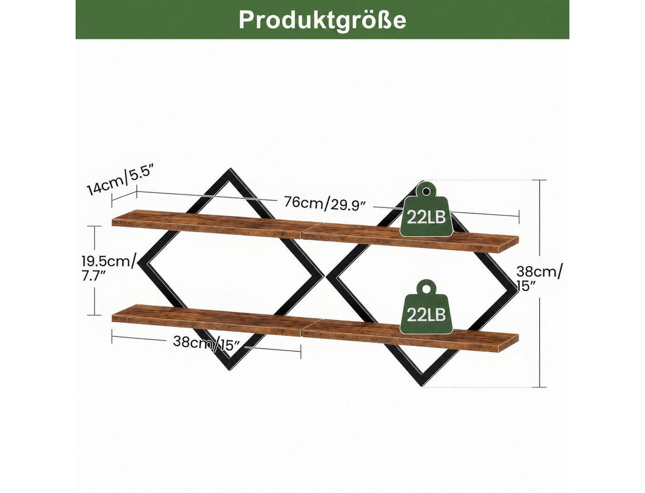 LEMLIT Küchenregal 2er-Set Wandregal, Industrial Hängeregal mit Metallrahmen, 2er Set 2-tlg., Rautenregal 2 pro Regalboden, 38 x 14 x 38 cm, Braun/Schwarz Bild 3
