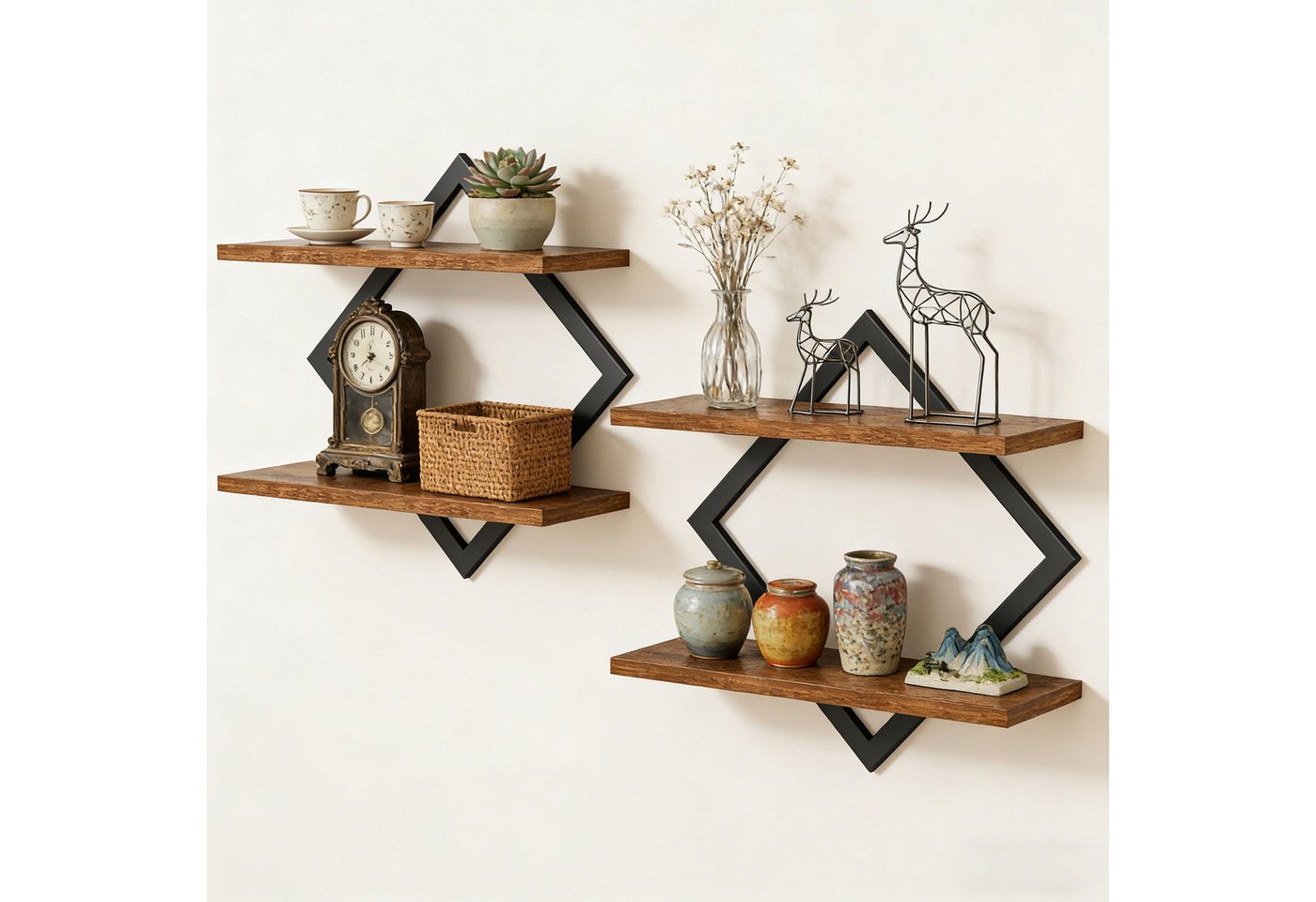 LEMLIT Küchenregal 2er-Set Wandregal, Industrial Hängeregal mit Metallrahmen, 2er Set 2-tlg., Rautenregal 2 pro Regalboden, 38 x 14 x 38 cm, Braun/Schwarz Bild 5