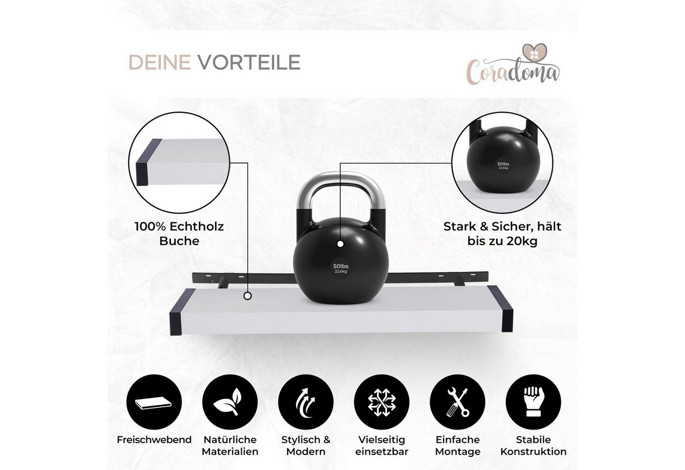 Coradoma Deko-Wandregal 2er Set Echtholz Buche freischwebend Schweberegal Hängeregal 61x15cm, für Bilderrahmen, Fotorahmen, Bücher, Deko Bild 5