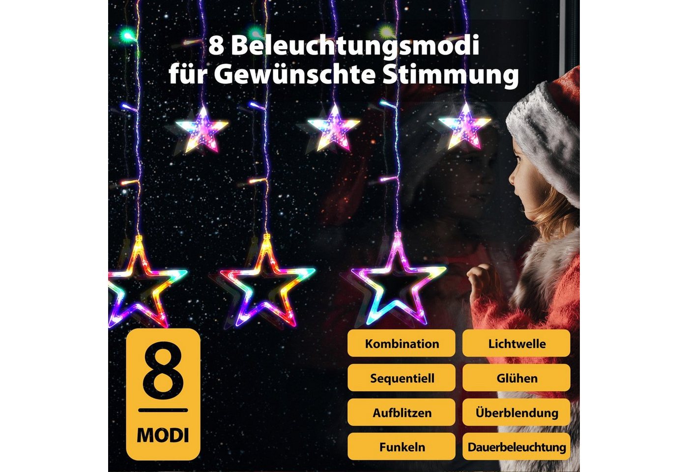 Salcar LED-Lichterkette 2m Sterne LED Lichterkette Außen Lichtervorhang Innen Weihnachten, 8 Beleuchtungsmodi und Memory-Funktion, Bunt Bild 4