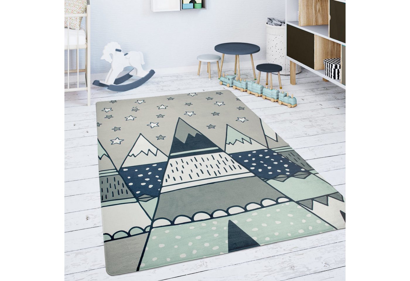 KADIMA DESIGN Kinderteppich waschmaschinenwaschbar Berge Kinderzimmer Kinderteppich, Läufer, Höhe: 4 mm, 100% Polyester, Rücken aus Felt + Dots, Rechteckig, 80x150cm, Grau