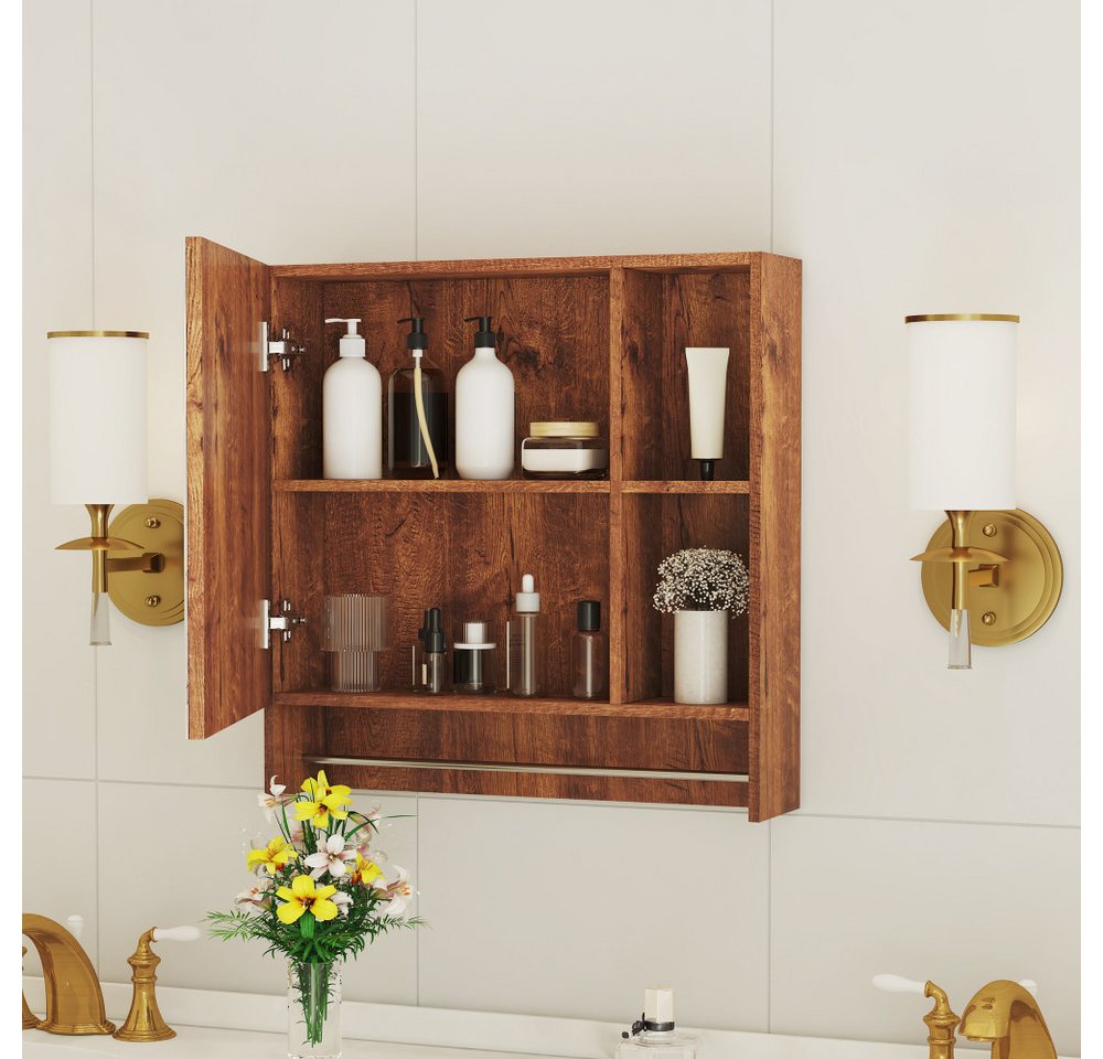 BBWL Badezimmerspiegelschrank mit Spiegel MDF wandmontiert 56x55 cm Spiegelschrank Weiß/Nussbaum mit offenen Ablagen