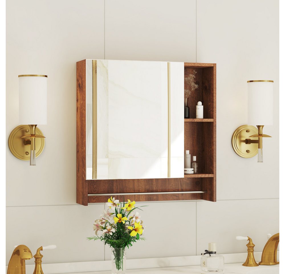 BBWL Badezimmerspiegelschrank mit Spiegel MDF wandmontiert 56x55 cm Spiegelschrank Weiß/Nussbaum mit offenen Ablagen Bild 2