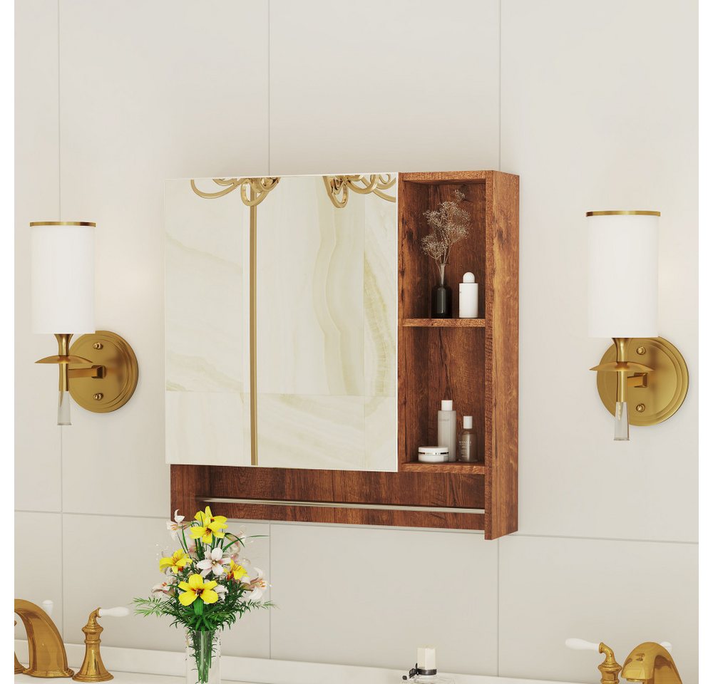 BBWL Badezimmerspiegelschrank mit Spiegel MDF wandmontiert 56x55 cm Spiegelschrank Weiß/Nussbaum mit offenen Ablagen Bild 3