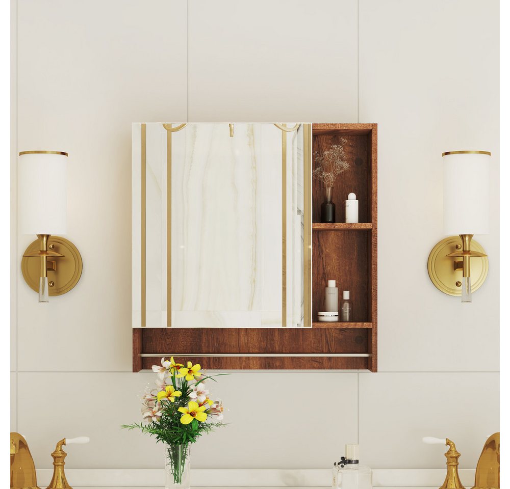 BBWL Badezimmerspiegelschrank mit Spiegel MDF wandmontiert 56x55 cm Spiegelschrank Weiß/Nussbaum mit offenen Ablagen Bild 4