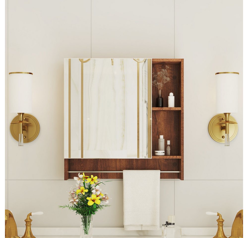 BBWL Badezimmerspiegelschrank mit Spiegel MDF wandmontiert 56x55 cm Spiegelschrank Weiß/Nussbaum mit offenen Ablagen Bild 5