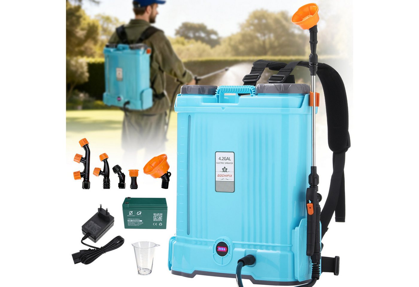 Insma Drucksprühgerät 16L Elektrisches Gartensprühgerät mit 5 verstellbaren Sprühdüsen, Akku-Drucksprühgerät mit Doppelter Schultergurte für Gartenspritze Bild 2