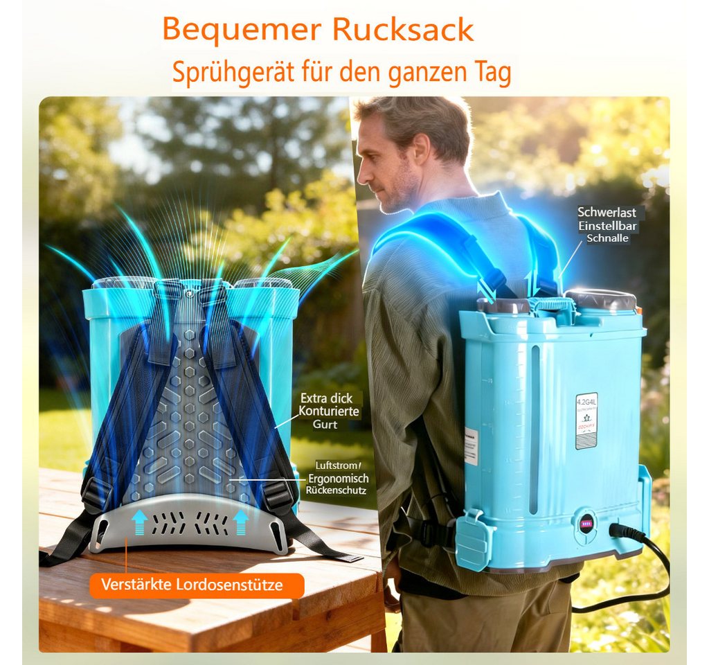 Insma Drucksprühgerät 16L Elektrisches Gartensprühgerät mit 5 verstellbaren Sprühdüsen, Akku-Drucksprühgerät mit Doppelter Schultergurte für Gartenspritze Bild 5
