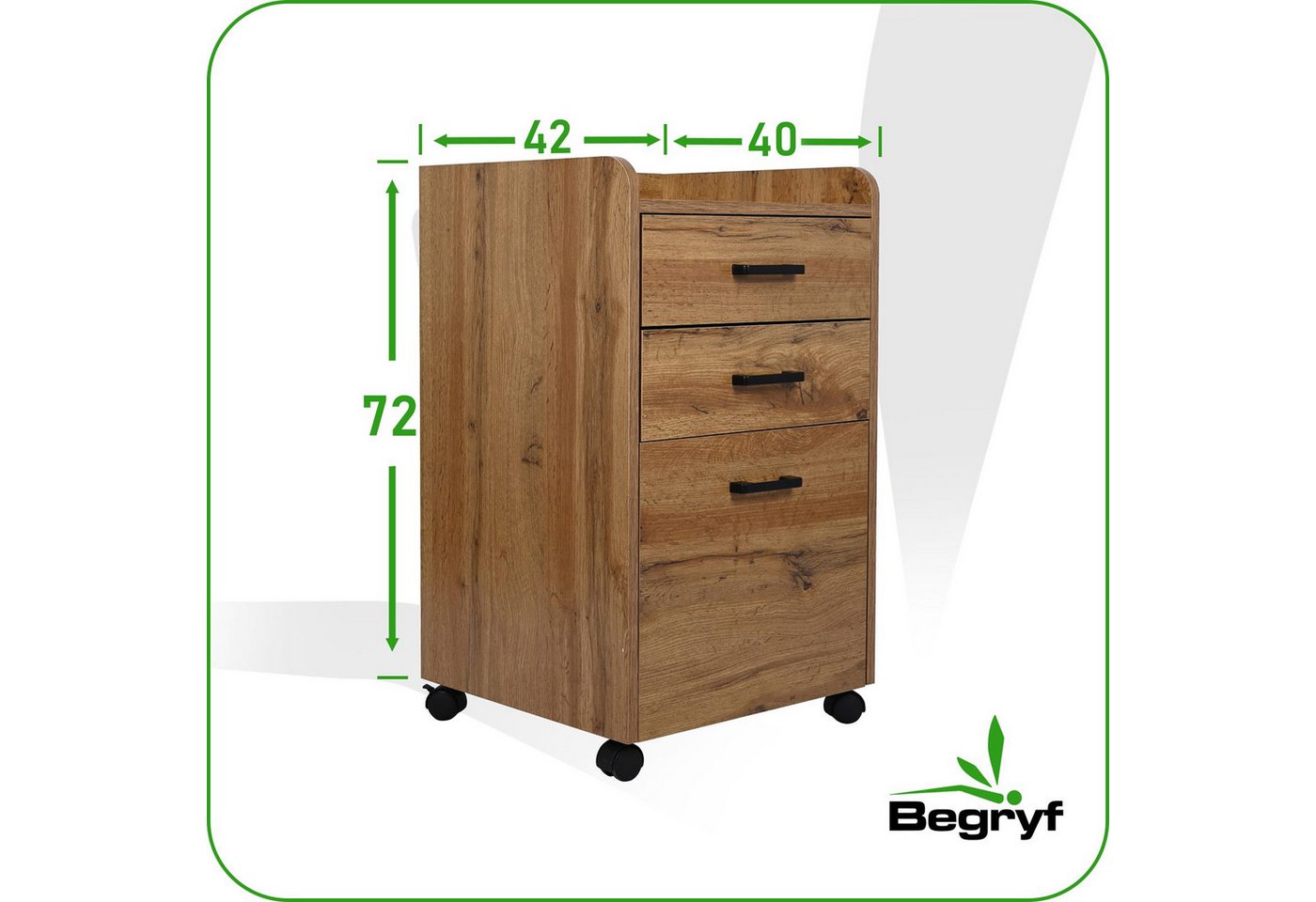 BEGRYF Rollcontainer Erlefarben 40 x 42 x 72 cm, mit 3 Schubladen, auf Rollen Bild 2