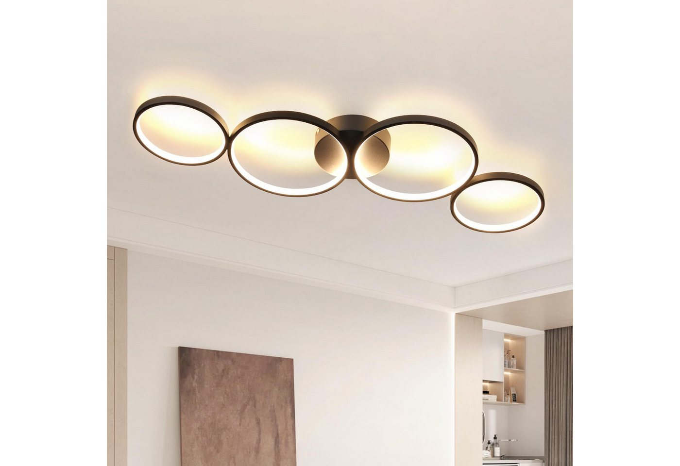 Nettlife LED Deckenleuchte 4 Flammig Wohnzimmer Deckenlampe 37W Modern Warmweiß Ringoptik Schwarz, LED fest integriert, warmweiß, Wohnzimmmer,Schlafzimmer, Flur, Büro, Arbeitszimmer