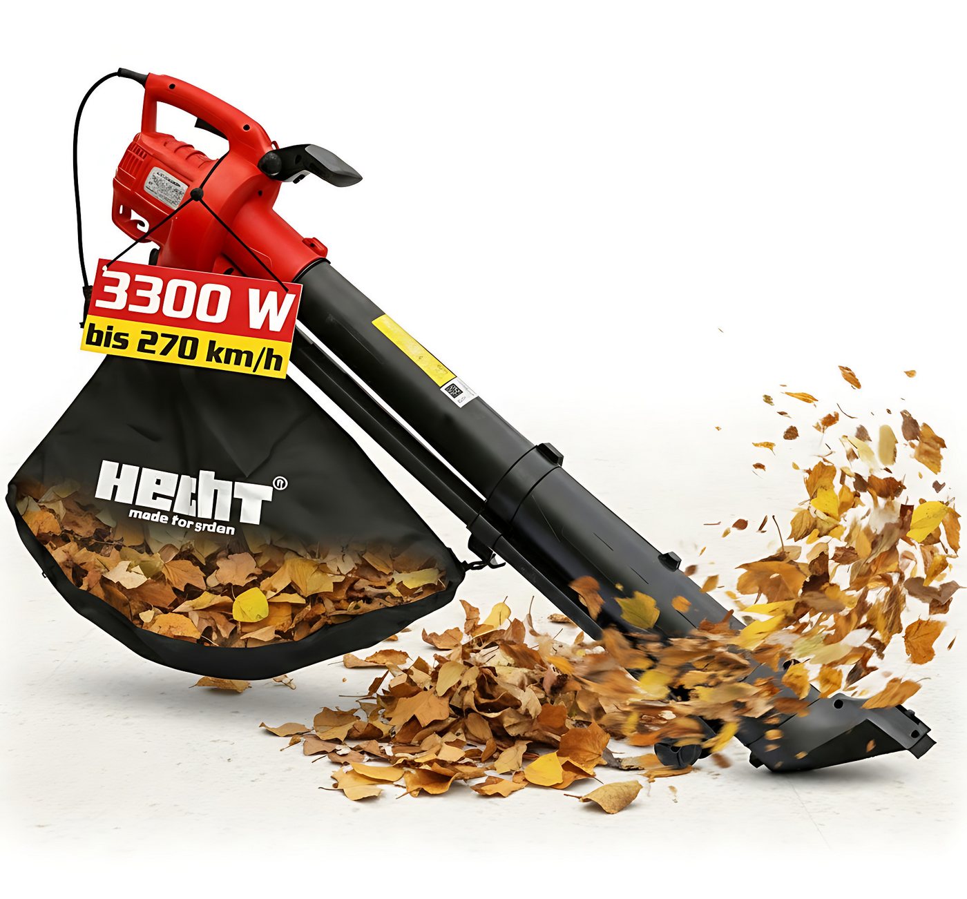 Hecht Elektro-Laubbläser 3in1 Laubbläser 3300W 45 Liter Fangkorb 3,2 kg, 10:1 Mulchfunktion, mit Tragegurt