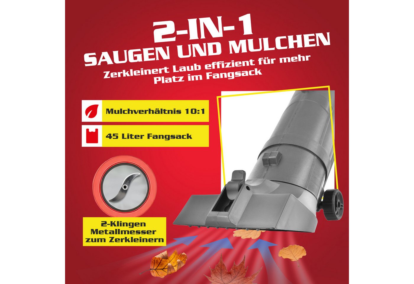 Hecht Elektro-Laubbläser 3in1 Laubbläser 3300W 45 Liter Fangkorb 3,2 kg, 10:1 Mulchfunktion, mit Tragegurt Bild 4