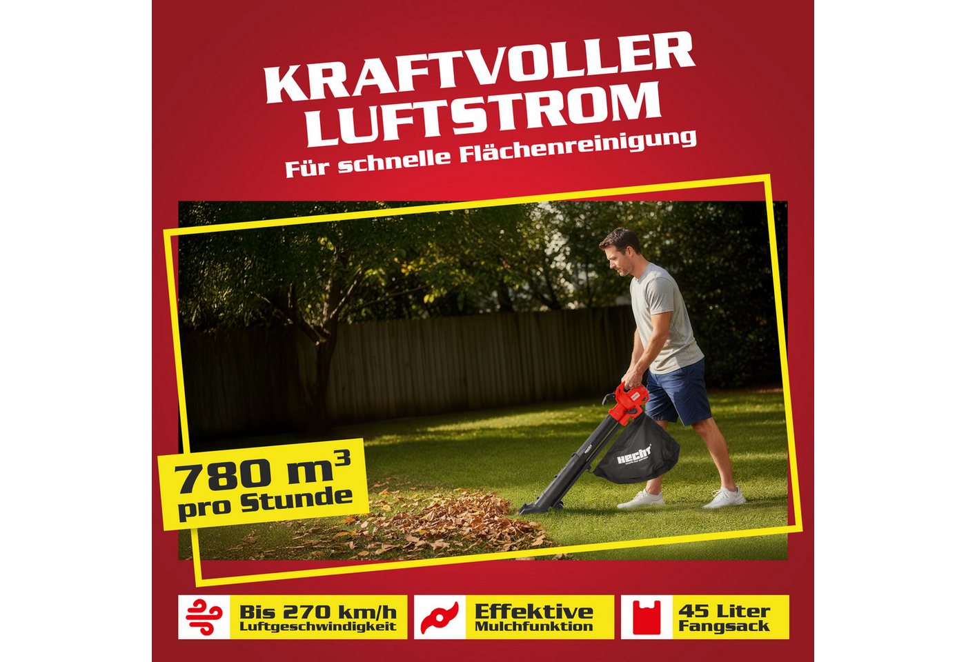 Hecht Elektro-Laubbläser 3in1 Laubbläser 3300W 45 Liter Fangkorb 3,2 kg, 10:1 Mulchfunktion, mit Tragegurt Bild 5