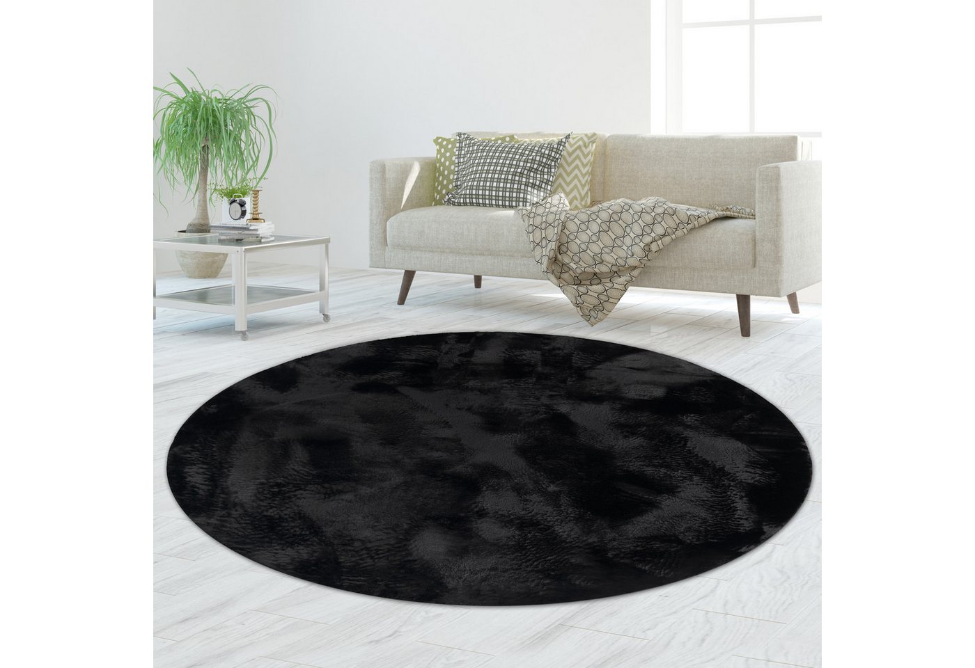 TeppichHome24 Teppich Teppich schwarz weich pflegeleicht saugrobotergeeignet, rund