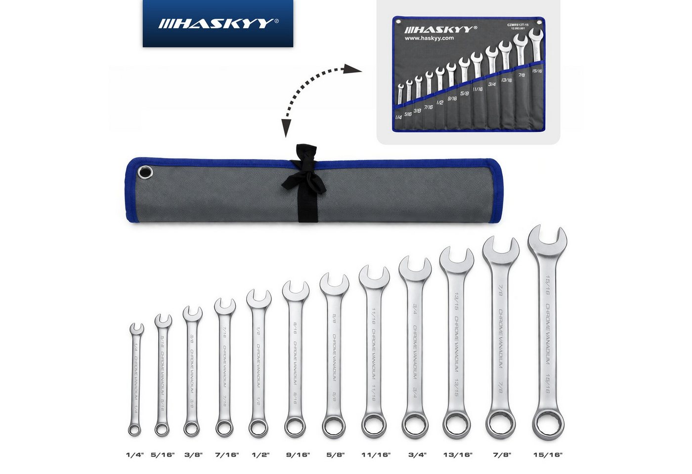 HASKYY Gabel- und Ringschlüssel HASKYY Zoll Maul Ringschlüssel SAE Satz 1/4"-15/16" Gabel Bild 2