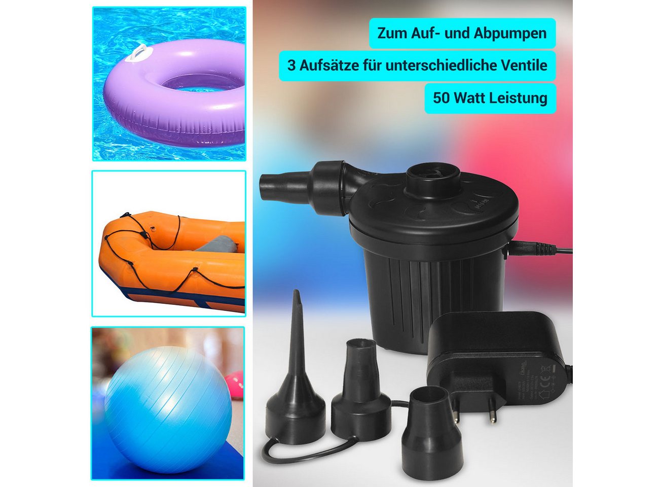 Casativo Luftpumpe Elektrische Luftpumpe 12V 230V 50W Kompressor 3 Luftdüsen Luftmatratze, Pumpt & Saugt mit 3 Düsen/max. Druck: 0,45 psi (ca. 0,03 bar)
