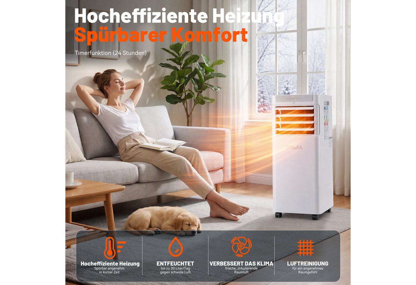 oyajia 4-in-1-Klimagerät Mobiles Klimaanlage mit Heizung, Entfeuchtung, Ventilator & Kühlung, 1600 W Heizfunktion, Entfeuchter bis 40 L/Tag, Schlafmodus, 24H Timer Bild 2