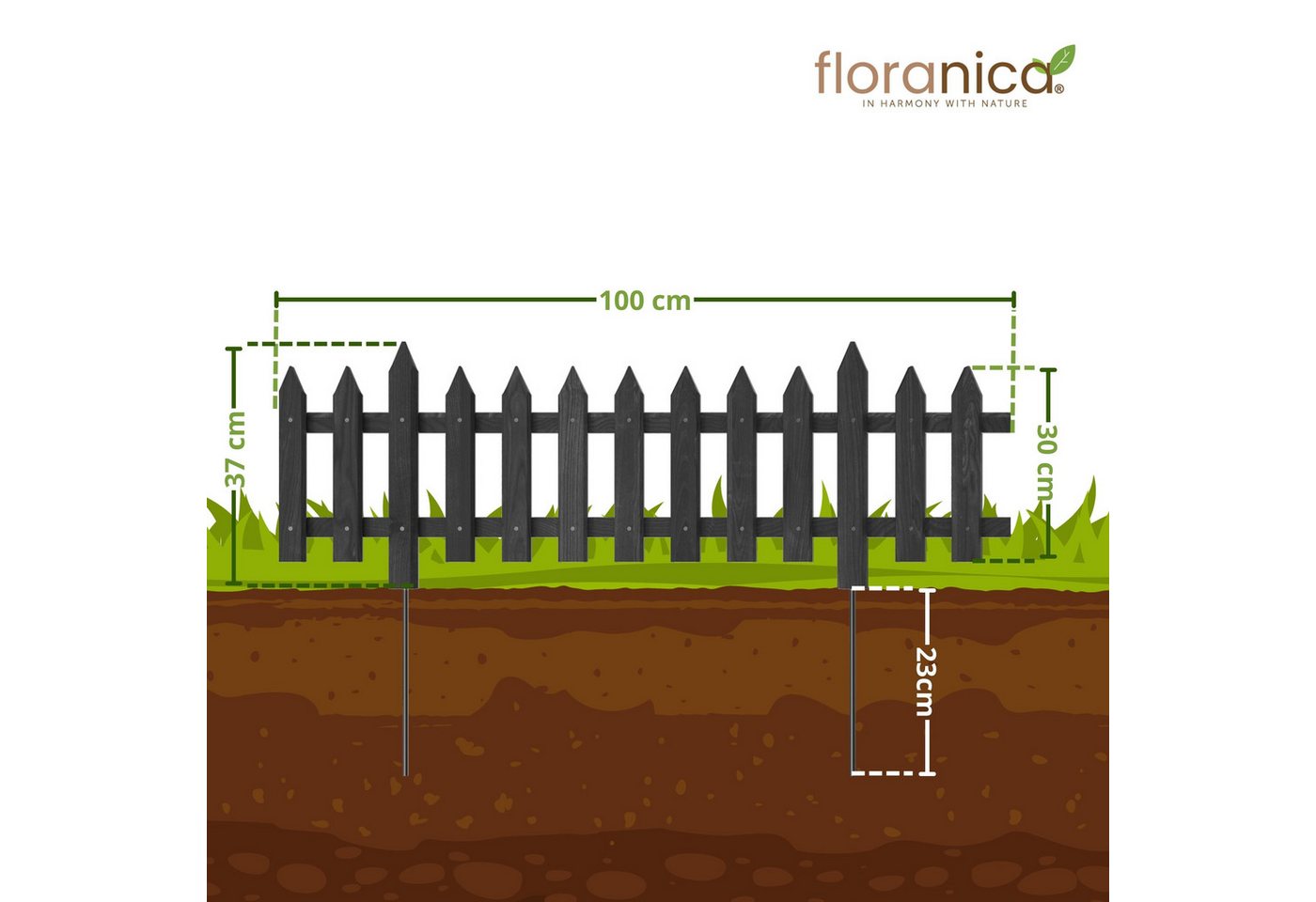 Floranica Zierzaun Vorgartenzaun Steckzaun Gartenzaun Zierzaun Lattenzaun Friesenzaun, (30 x 100 cm, 3-St., Anthrazit), Blummen Beeten Zaun aus Holz mit Metalpfosten, Beetabgrenzung