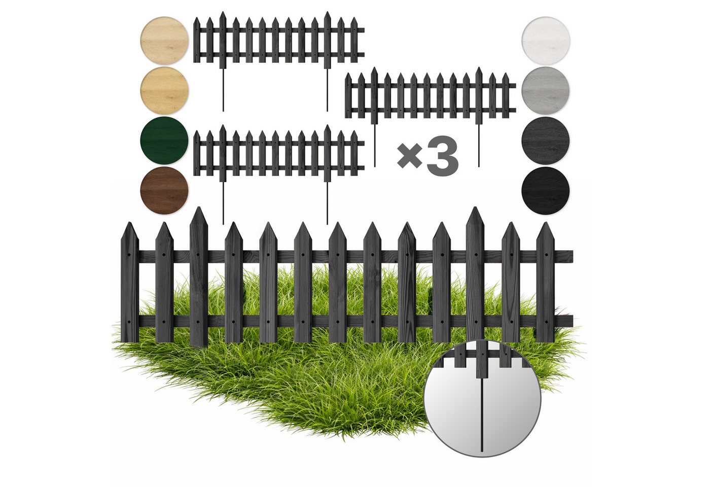 Floranica Zierzaun Vorgartenzaun Steckzaun Gartenzaun Zierzaun Lattenzaun Friesenzaun, (30 x 100 cm, 3-St., Anthrazit), Blummen Beeten Zaun aus Holz mit Metalpfosten, Beetabgrenzung Bild 3