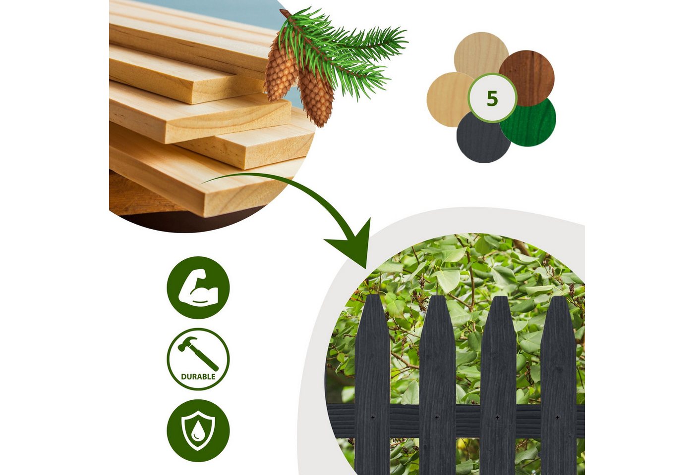 Floranica Zierzaun Vorgartenzaun Steckzaun Gartenzaun Zierzaun Lattenzaun Friesenzaun, (30 x 100 cm, 3-St., Anthrazit), Blummen Beeten Zaun aus Holz mit Metalpfosten, Beetabgrenzung Bild 4
