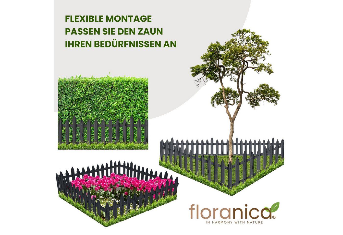 Floranica Zierzaun Vorgartenzaun Steckzaun Gartenzaun Zierzaun Lattenzaun Friesenzaun, (30 x 100 cm, 3-St., Anthrazit), Blummen Beeten Zaun aus Holz mit Metalpfosten, Beetabgrenzung Bild 5