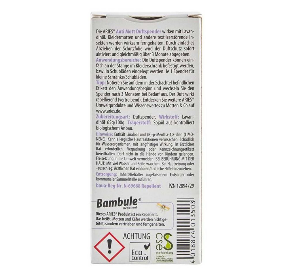 Aries Insektenspray Anti Mott - 2 Duftspender gegen Textilmotten