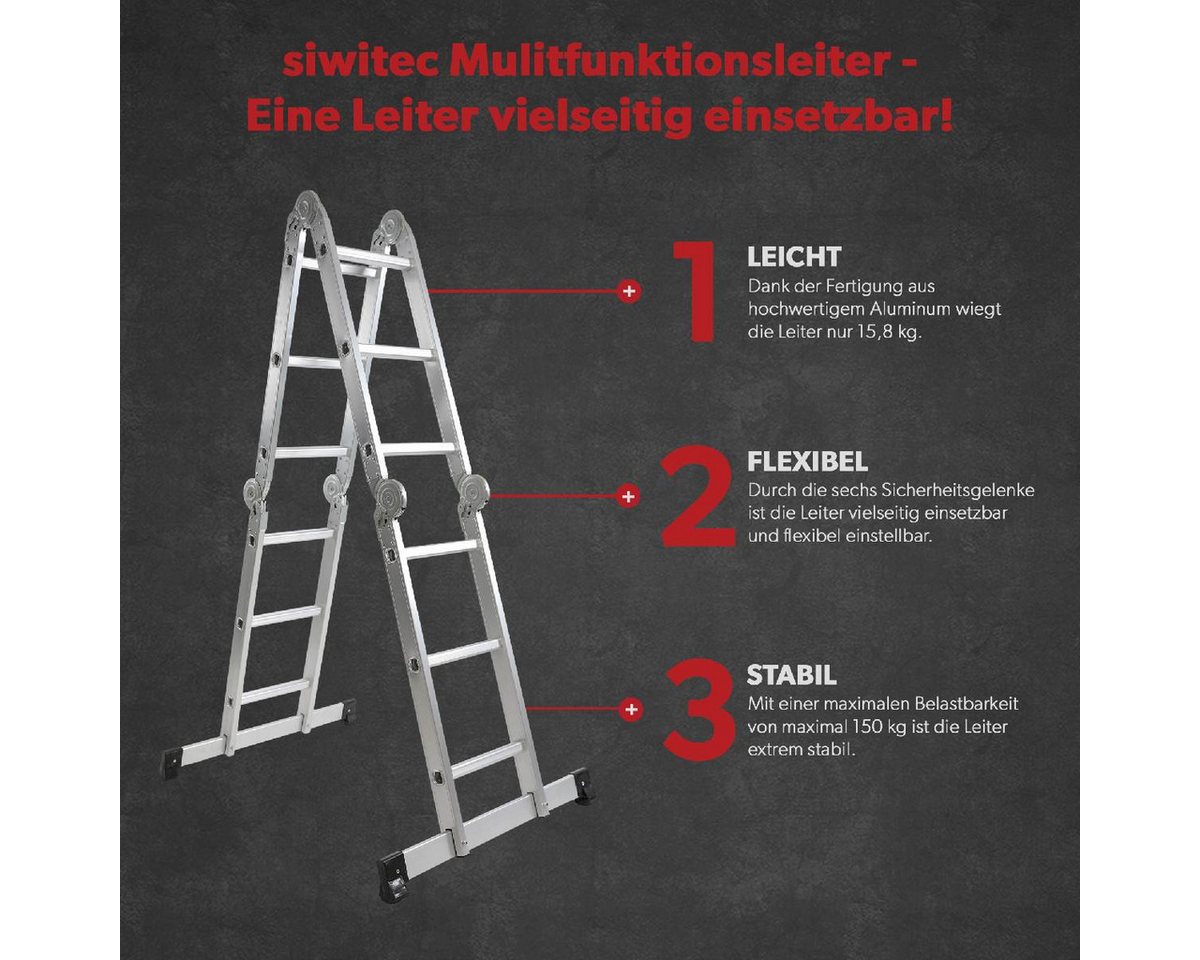 siwitec Vielzweckleiter Mehrzweckleiter Alu 3x4 Leiter Gerüst Stehleiter 339 cm Teleskopleiter