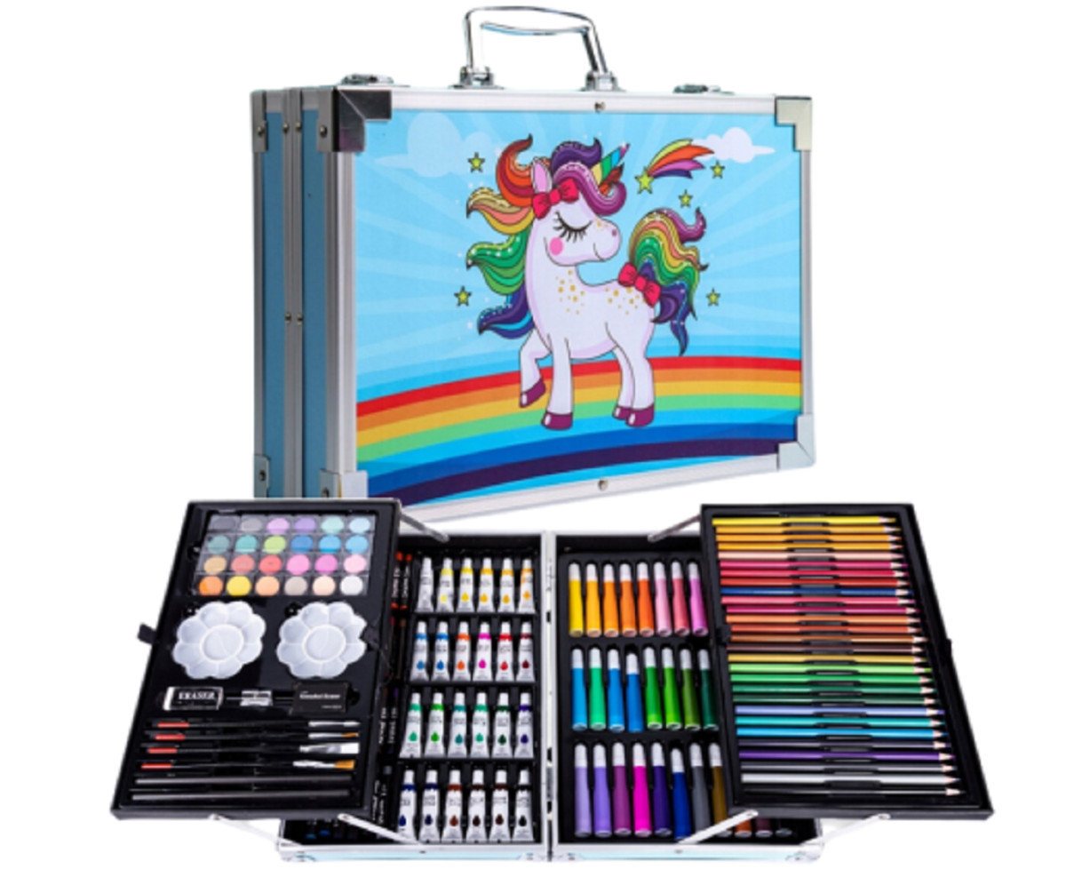 R2 Invest Kreativset Einhorn Kinder Malset 145-teilig Blau – Malkoffer mit Stiften & Farben, (145-tlg)