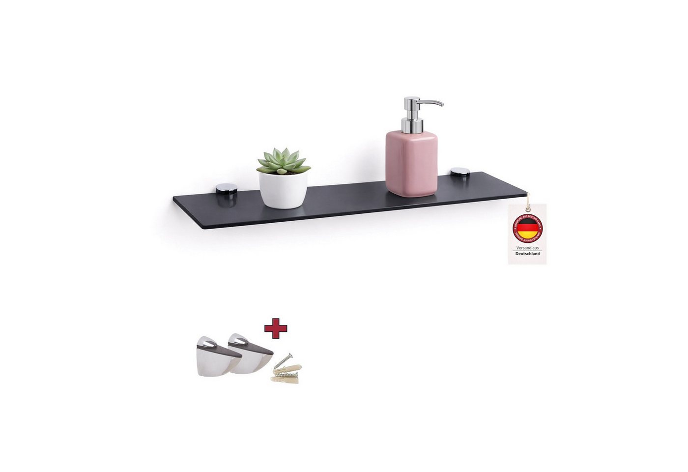 HOOZ Wandregal Glasregal, Wandablage ESG 40x 13 cm, rechteckig, mit Halterung Schwarz, Regal Glas 1-tlg., Platzsparende Wandboard für Dusche, Bad, Küche oder Wohnraum