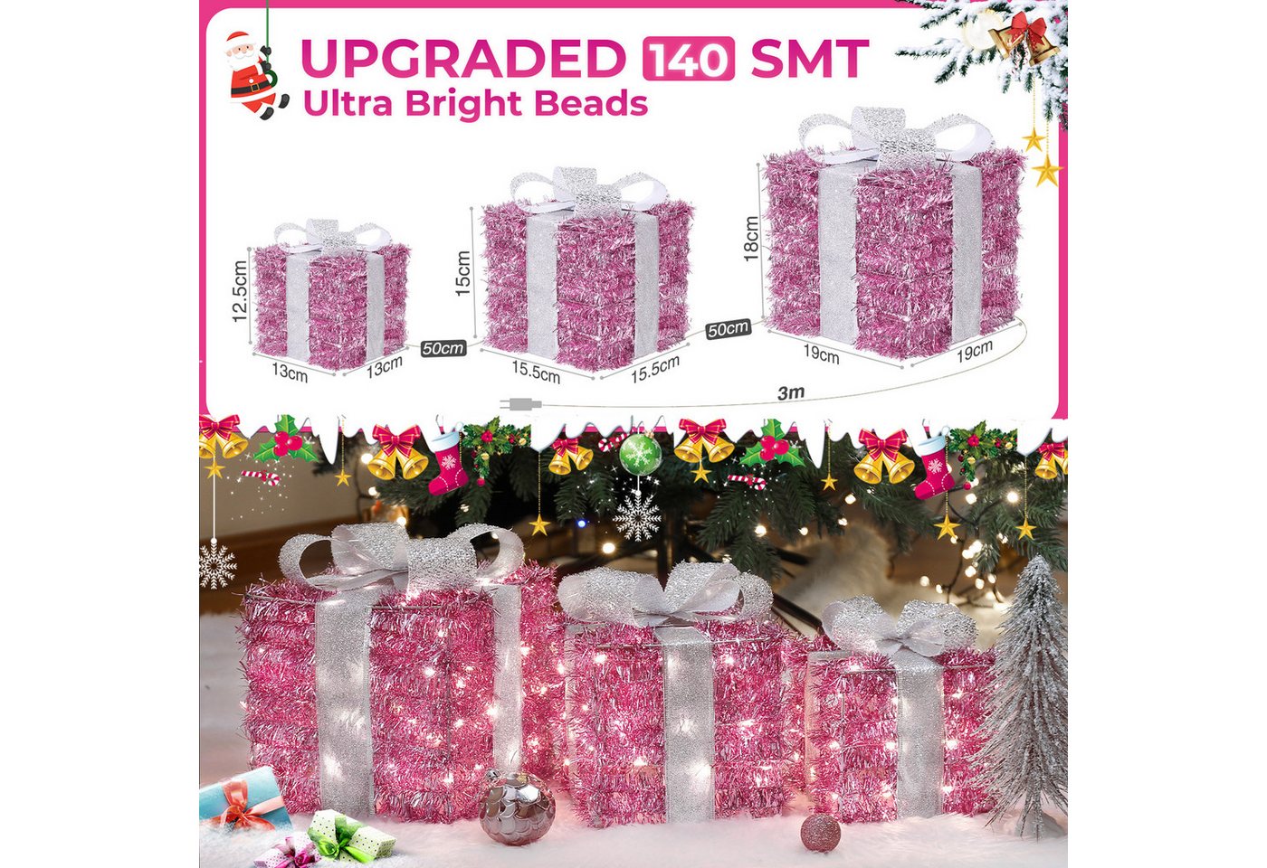 Quntis LED Dekolicht Weihnachtsfigur 3/4 Set Geschenkbox, Leuchtfiguren für Weihnachtsdeko, LED wechselbar, Kaltweiß, Warmweiß, Tageslichtweiß, mit Bändern/LED Lichterkett