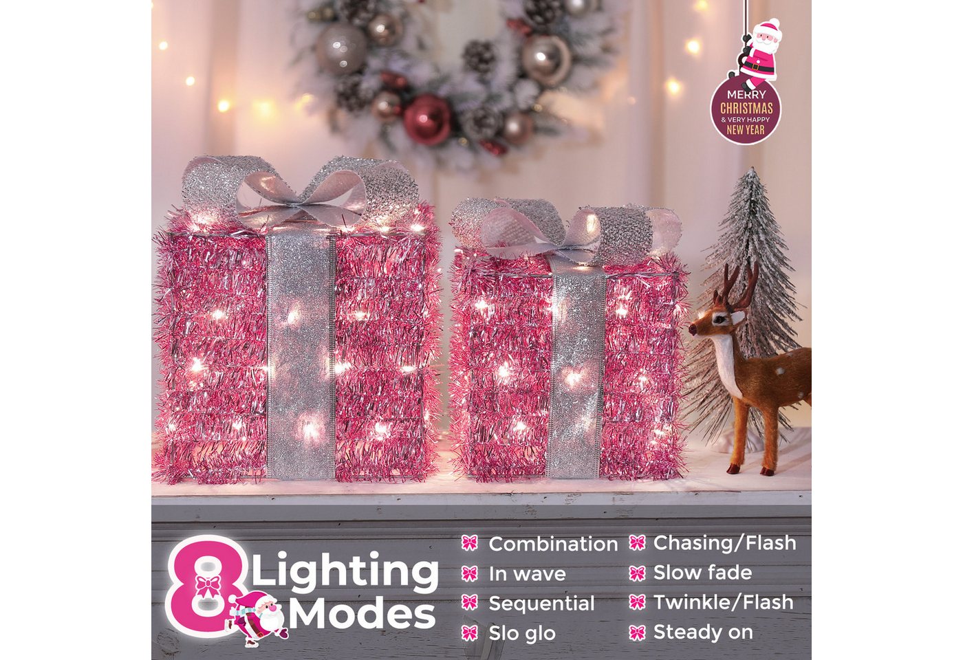 Quntis LED Dekolicht Weihnachtsfigur 3/4 Set Geschenkbox, Leuchtfiguren für Weihnachtsdeko, LED wechselbar, Kaltweiß, Warmweiß, Tageslichtweiß, mit Bändern/LED Lichterkett Bild 3