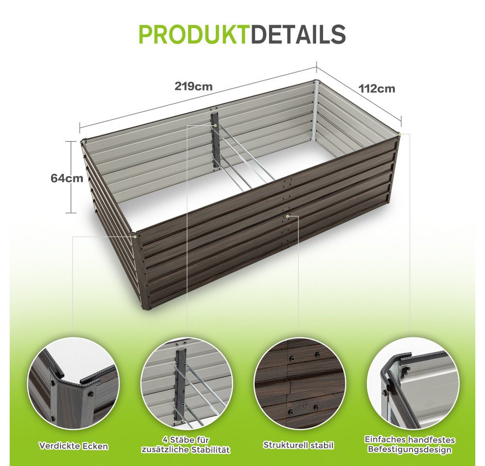 BBWL Hochbeet 2er Set, 219 x 112 x 64 cm, offener Boden, stabile Konstruktion, Metall-Hochbeet, inkl. Handschuhe, für Gemüse, Kräuter und Blumen Bild 3