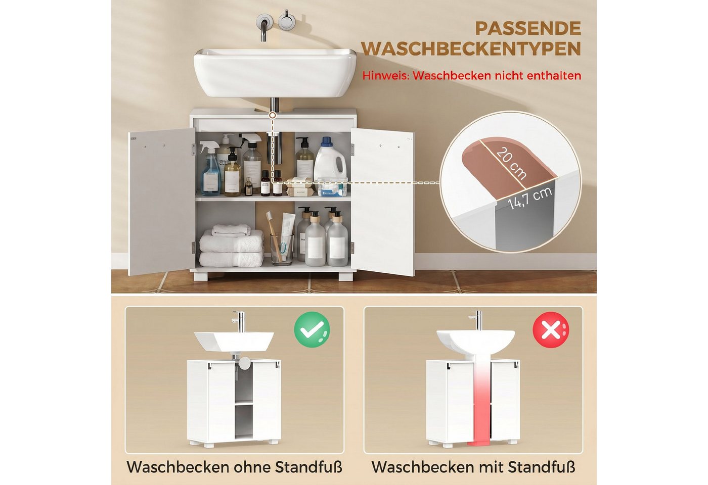 HOMCOM Waschbeckenunterschrank Badezimmerschrank mit 2 Türen (Set, 1-St., 1er Set) U-Ausschnitt, verstellbares Regal Bild 3