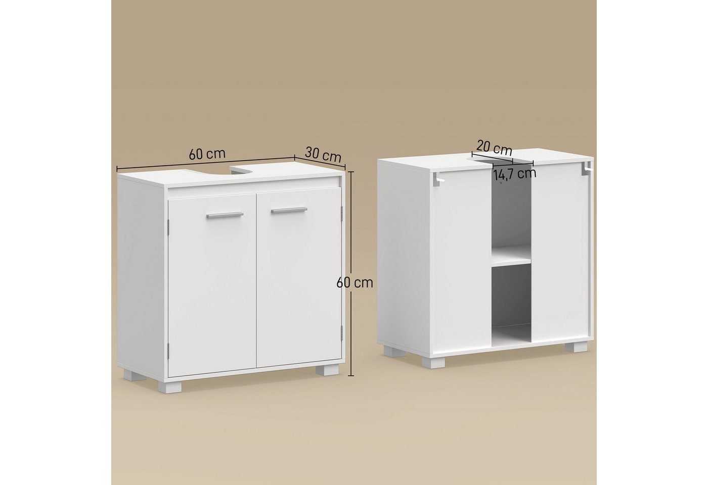 HOMCOM Waschbeckenunterschrank Badezimmerschrank mit 2 Türen (Set, 1-St., 1er Set) U-Ausschnitt, verstellbares Regal Bild 4