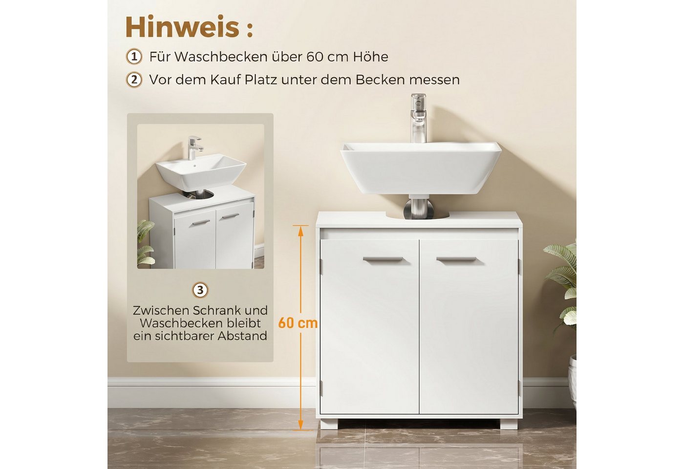 HOMCOM Waschbeckenunterschrank Badezimmerschrank mit 2 Türen (Set, 1-St., 1er Set) U-Ausschnitt, verstellbares Regal Bild 5